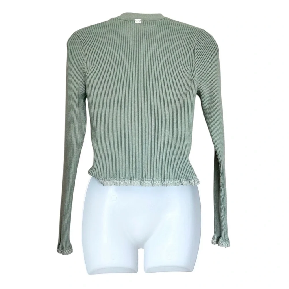For Love and Lemons Nina Cropped Mint Ribbed Button Cardigan with Lace Trim - Picture 3 of 9